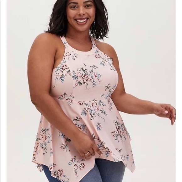 TORRID PINK FLORAL HIGH NECK HANDKERCHIEF TANK - Picture 4 of 8
